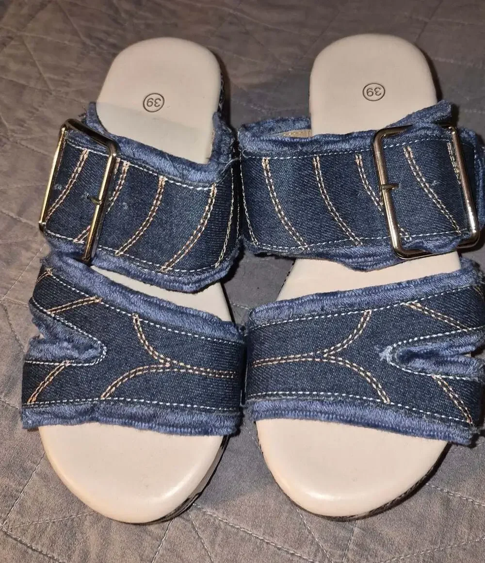 Women's Denim and Newspaper Print Platform Wedge Sandals with Buckle Strap